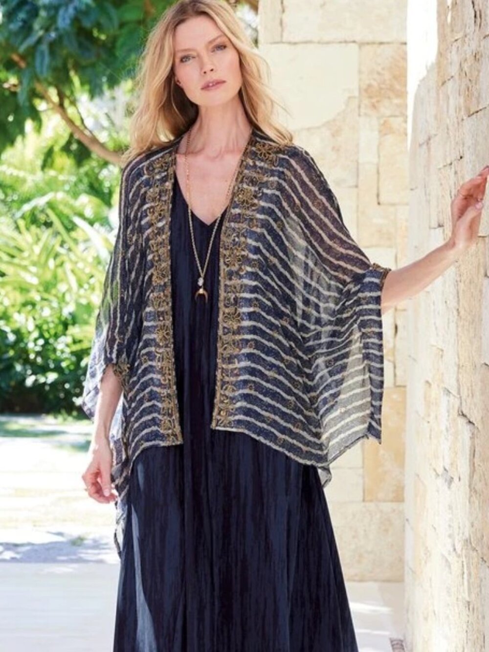 NWT Soft Surroundings Midas Topper Kimono Beaded Crinkle Chiffon Cupro Rayon S/M